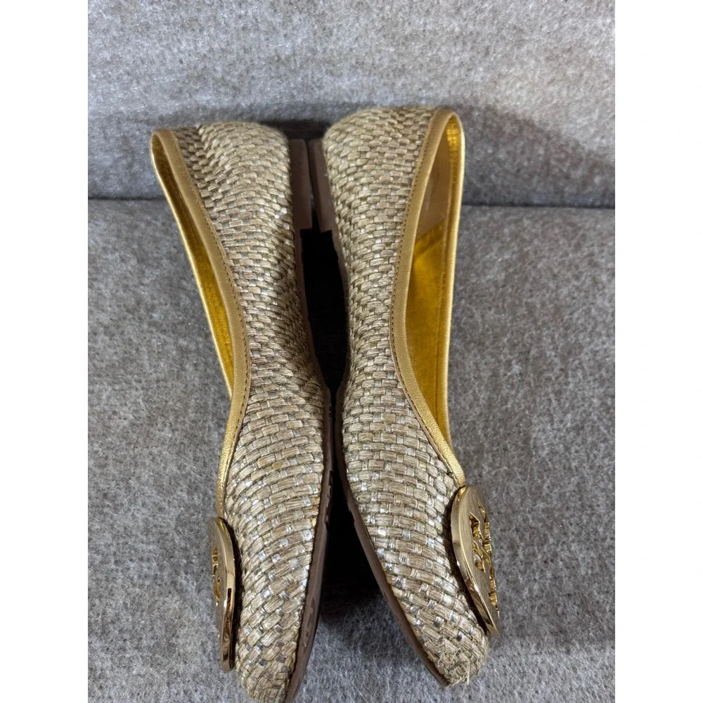 Tory Burch Reva Ballet Flats Womens 7M Gold Woven Raffia Logo Medallion Preppy